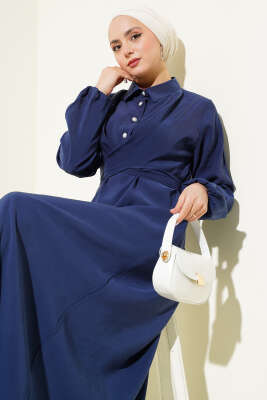 Önü Bağlamalı Yarım Düğmeli Tencel Elbise Lacivert - Tesettür Elbise