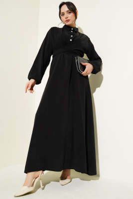 Önü Bağlamalı Yarım Düğmeli Tencel Elbise Siyah 