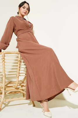 Önü Bağlamalı Yarım Düğmeli Tencel Elbise Toprak - NEVA MODA