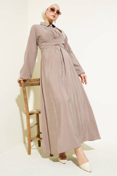 Önü Bağlamalı Yarım Düğmeli Tencel Elbise Vizon - Elbise