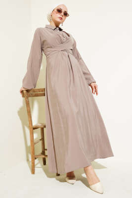 Önü Bağlamalı Yarım Düğmeli Tencel Elbise Vizon 