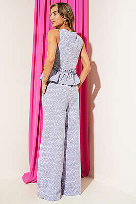 Önü Bağlamalı Yelekli Desenli Takım Mavi - Kadın Giyim Modelleri