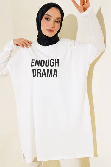 Önü Baskılı Basic Tunik Ekru - Tunik