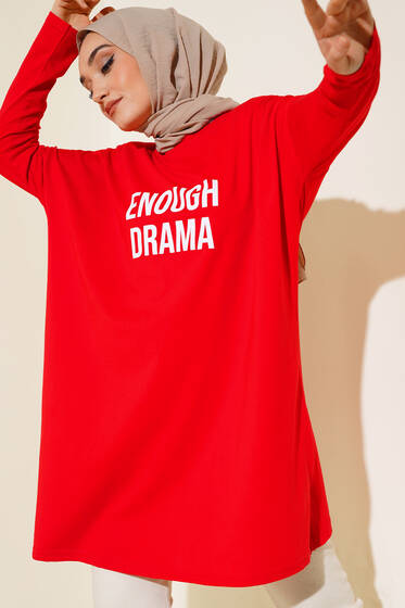 Önü Baskılı Basic Tunik Kırmızı - Tunik