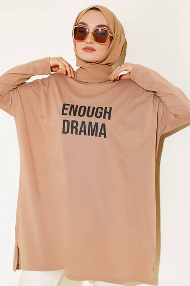 Önü Baskılı Basic Tunik Latte - Tunik