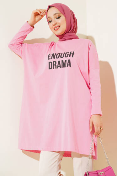 Önü Baskılı Basic Tunik Pembe - Tunik
