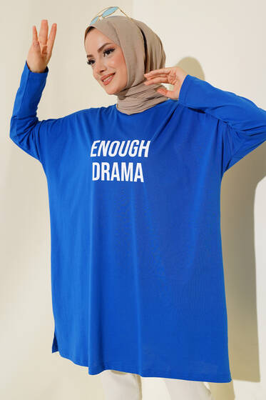 Önü Baskılı Basic Tunik Saks - Tunik