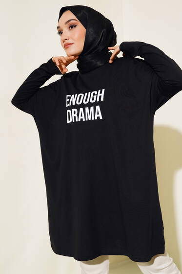 Önü Baskılı Basic Tunik Siyah - Tunik