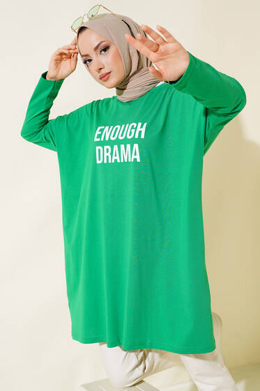 Önü Baskılı Basic Tunik Yeşil - Tunik