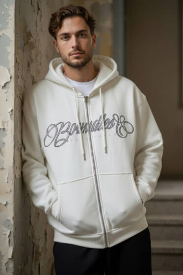 Önü Baskılı Kapüşonlu Üç İplik Erkek Hırka Ekru - Erkek Hırka