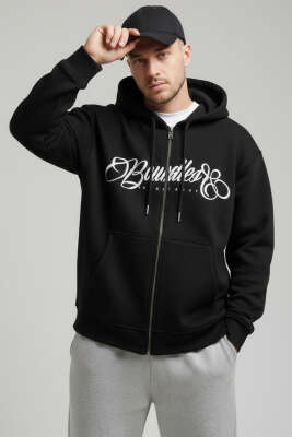 Önü Baskılı Kapüşonlu Üç İplik Erkek Hırka Siyah - MACHINIST