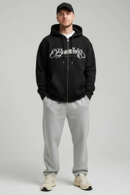 Önü Baskılı Kapüşonlu Üç İplik Erkek Hırka Siyah - Erkek Hırka