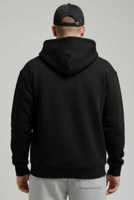 Önü Baskılı Kapüşonlu Üç İplik Erkek Hırka Siyah - Erkek Hırka