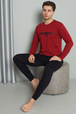 Önü Baskılı Paça Lastikli Erkek Pijama Takım Bordo 