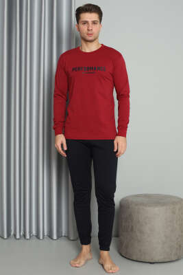 Önü Baskılı Paça Lastikli Erkek Pijama Takım Bordo - Kadın Pijama Takımı