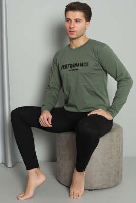 Önü Baskılı Paça Lastikli Erkek Pijama Takım Haki - Kadın Pijama Takımı