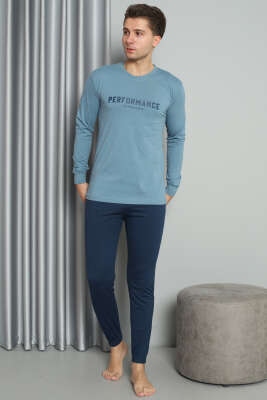 Önü Baskılı Paça Lastikli Erkek Pijama Takım Mavi - Kadın Pijama Takımı