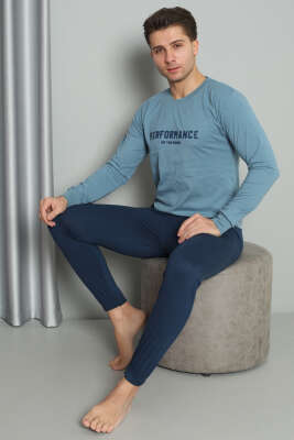 Önü Baskılı Paça Lastikli Erkek Pijama Takım Mavi 