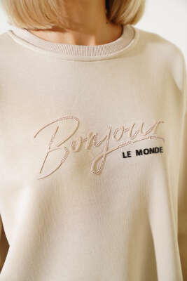 Önü Baskılı Üç İplik Sweatshirt Bej - Kadın Giyim Modelleri