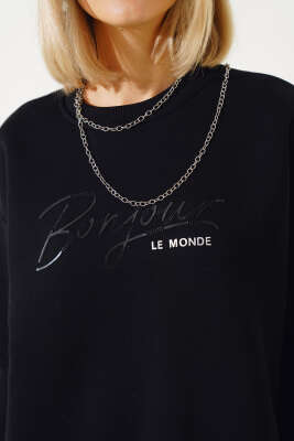 Önü Baskılı Üç İplik Sweatshirt Siyah - Kadın Giyim Modelleri