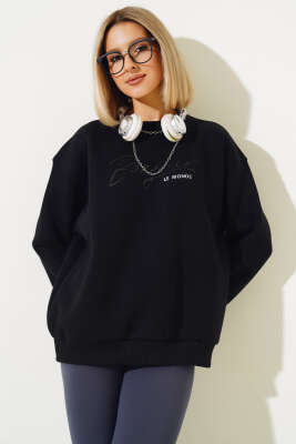 Önü Baskılı Üç İplik Sweatshirt Siyah - Kadın Giyim Modelleri