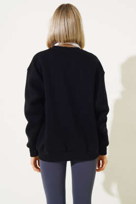 Önü Baskılı Üç İplik Sweatshirt Siyah - Kadın Giyim Modelleri