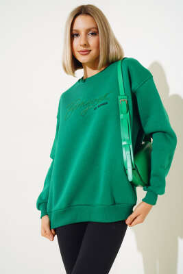 Önü Baskılı Üç İplik Sweatshirt Zümrüt - Kadın Giyim Modelleri