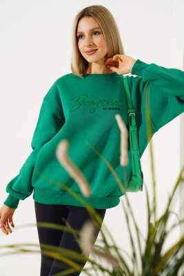 Önü Baskılı Üç İplik Sweatshirt Zümrüt - YÖNE TEKSTİL