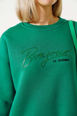 Önü Baskılı Üç İplik Sweatshirt Zümrüt - Kadın Giyim Modelleri