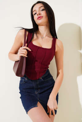 Önü Biyeli Kaşkorse Crop Bordo 
