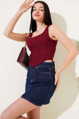 Önü Biyeli Kaşkorse Crop Bordo - Kadın Giyim Modelleri