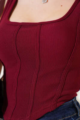 Önü Biyeli Kaşkorse Crop Bordo - Kadın Giyim Modelleri
