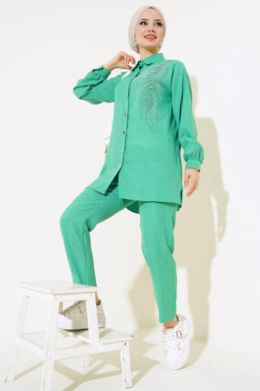 Önü Boncuklu Keten İkili Takım Yeşil - İkili Takım