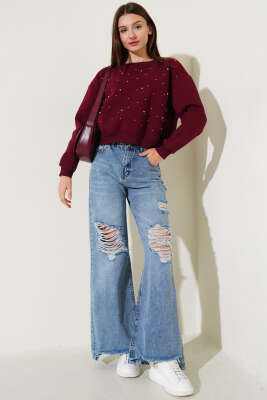 Önü Boncuklu Üç İplik Kısa Sweatshirt Bordo - Kadın Giyim Modelleri