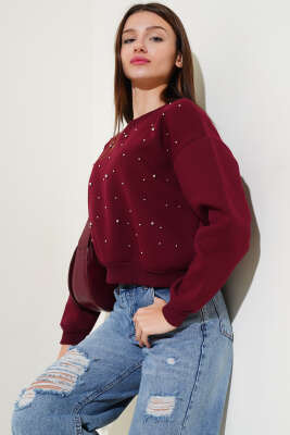 Önü Boncuklu Üç İplik Kısa Sweatshirt Bordo 