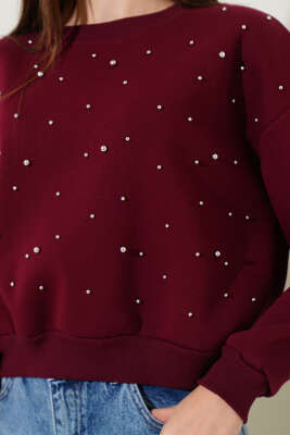 Önü Boncuklu Üç İplik Kısa Sweatshirt Bordo - Yeni Giyim