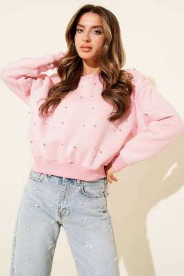 Önü Boncuklu Üç İplik Kısa Sweatshirt Pembe - Kadın Giyim Modelleri