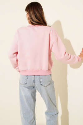 Önü Boncuklu Üç İplik Kısa Sweatshirt Pembe - Kadın Giyim Modelleri