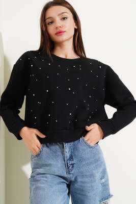 Önü Boncuklu Üç İplik Kısa Sweatshirt Siyah - Kadın Giyim Modelleri
