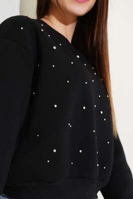 Önü Boncuklu Üç İplik Kısa Sweatshirt Siyah - Kadın Giyim Modelleri