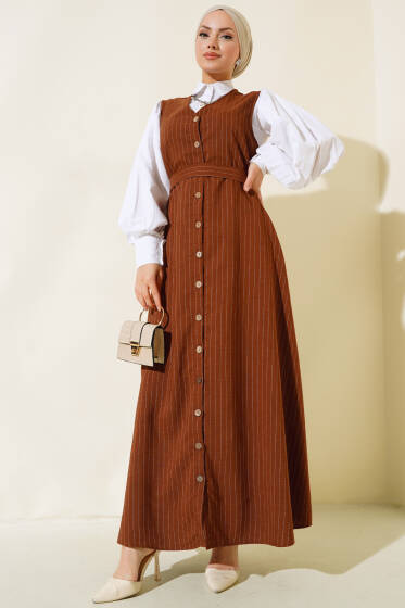 Önü Boydan Düğmeli Çizgili Jile Elbise Kahve - Elbise