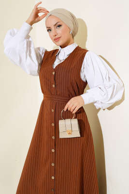 Önü Boydan Düğmeli Çizgili Jile Elbise Kahve - Tesettür Elbise
