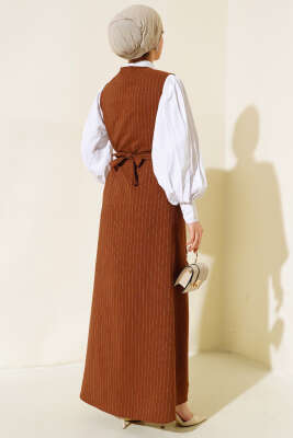 Önü Boydan Düğmeli Çizgili Jile Elbise Kahve - Tesettür Elbise