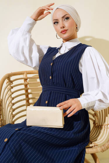 Önü Boydan Düğmeli Çizgili Jile Elbise Lacivert - Elbise