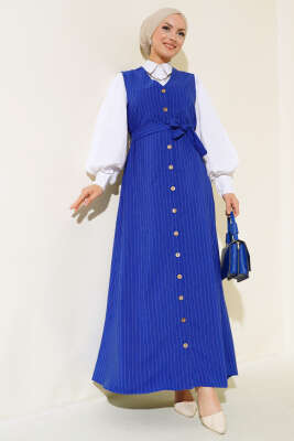 Önü Boydan Düğmeli Çizgili Jile Elbise Saks - Tesettür Elbise