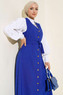 Önü Boydan Düğmeli Çizgili Jile Elbise Saks - Tesettür Elbise