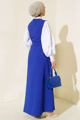 Önü Boydan Düğmeli Çizgili Jile Elbise Saks - Tesettür Elbise