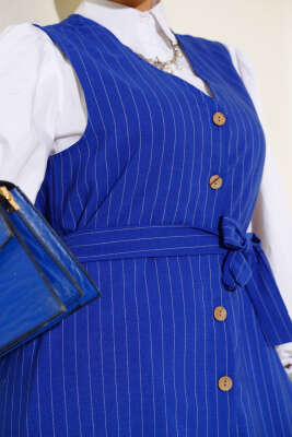 Önü Boydan Düğmeli Çizgili Jile Elbise Saks - Tesettür Elbise