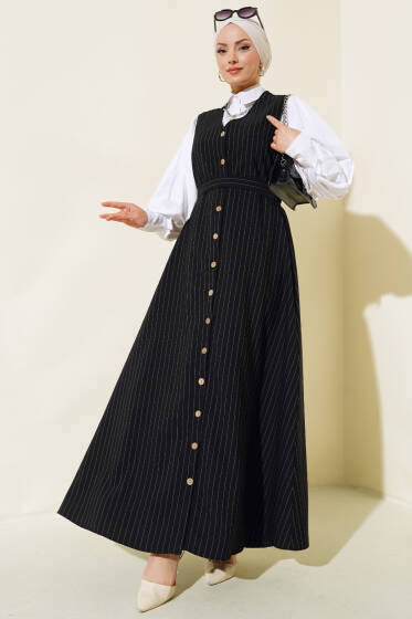 Önü Boydan Düğmeli Çizgili Jile Elbise Siyah - Elbise