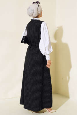 Önü Boydan Düğmeli Çizgili Jile Elbise Siyah - Tesettür Elbise